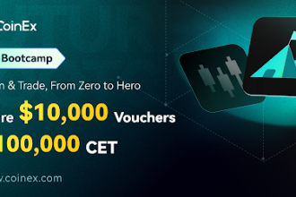 Imagen promocional del evento Bootcamp de Futuros: De principiante a experto, obtén $10.000 en cupones y 100.000 CET de CoinEx con su logo y fondo color verde.