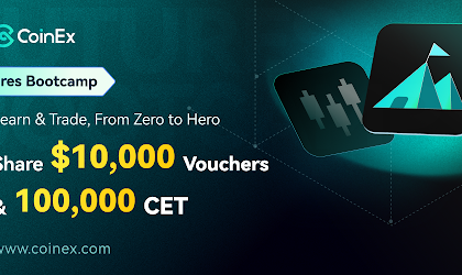 Imagen promocional del evento Bootcamp de Futuros: De principiante a experto, obtén $10.000 en cupones y 100.000 CET de CoinEx con su logo y fondo color verde.