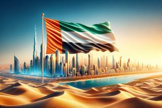 Dubai skyline with UAE flag waving against desert background