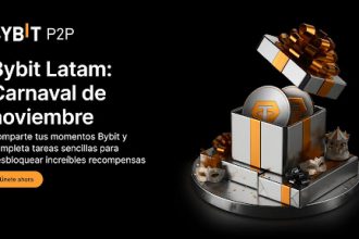 A la derecha, una caja de regalo blanca con lazos dorados y que guarda 2 monedas físicas de Theter. Y a la izquierda, texto blanco promocionando Bybit P2P y el Carnaval de noviembre. Todo sobre un fondo negro.