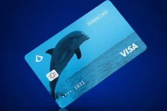 Tarjeta Visa de color azul con el logo de un delfín.